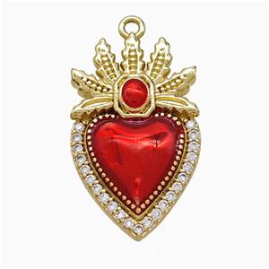 Copper Heart Pendant Pave Zirconia Red Painted Gold Plated, approx 15-25mm [FD21872]