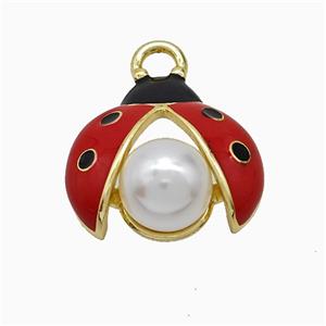 Copper Ladybug Pendant Pave Pearlized Resin Red Enamel Gold Plated, approx 16-17mm [FD21886]