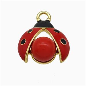 Copper Ladybug Pendant Pave Pearlized Resin Red Enamel Gold Plated, approx 16-17mm [FD21887]