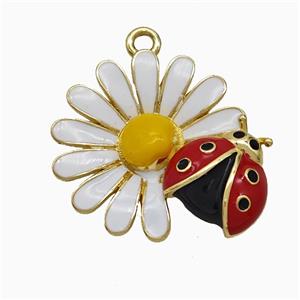 Copper Ladybug Flower Pendant White Red Enamel Gold Plated, approx 22mm [FD21888]