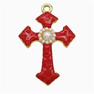 Copper Cross Pendant Pave Pearlized Resin Red Enamel Gold Plated, approx 30-40mm [FD21911]