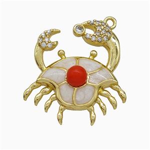 Copper Crab Pendant Pave Zirconia White Enamel Gold Plated, approx 24-26mm [FD21945]