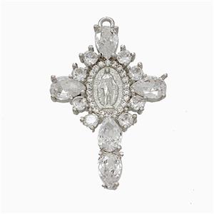 Copper Cross Pendant Pave Crystal Glass Virgin Mary Platinum Plated, approx 20-28mm [FD22088]