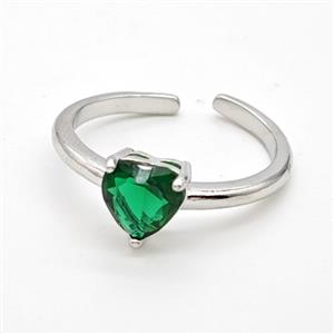 Copper Rings Pave Green Crystal Glass Heart Platinum Plated, approx 7mm, 18mm dia [FD22180]