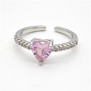 Copper Rings Pave Pink Crystal Glass Heart Platinum Plated, approx 7mm, 18mm dia [FD22184]