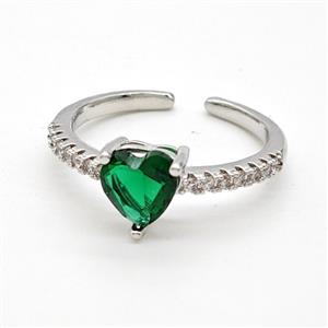 Copper Rings Pave Green Crystal Glass Heart Platinum Plated, approx 7mm, 18mm dia [FD22185]