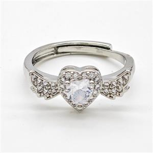 Copper Rings Pave Clear Crystal Glass Heart Angel Wings Adjustable Platinum Plated, approx 8-20mm, 18mm dia [FD22200]