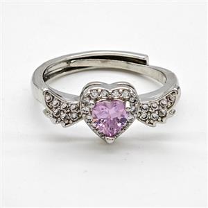 Copper Rings Pave Pink Crystal Glass Heart Angel Wings Adjustable Platinum Plated, approx 8-20mm, 18mm dia [FD22201]