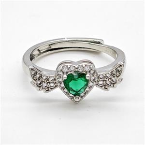 Copper Rings Pave Green Crystal Glass Heart Angel Wings Adjustable Platinum Plated, approx 8-20mm, 18mm dia [FD22202]