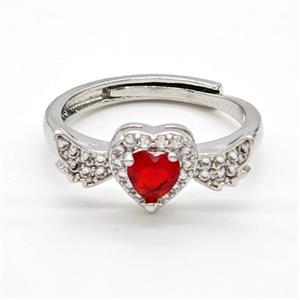 Copper Rings Pave Red Crystal Glass Heart Angel Wings Adjustable Platinum Plated, approx 8-20mm, 18mm dia [FD22203]