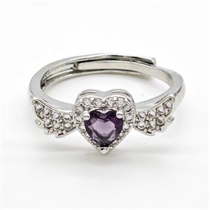 Copper Rings Pave Purple Crystal Glass Heart Angel Wings Adjustable Platinum Plated, approx 8-20mm, 18mm dia [FD22204]