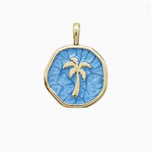Coconut Tree Charms Copper Palm Pendant Blue Enamel Gold Plated, approx 14mm [FD22301]