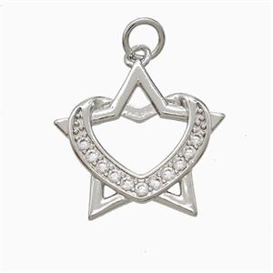 Copper Star Heart Pendant Pave Zirconia Platinum Plated, approx 19mm [FD22505]