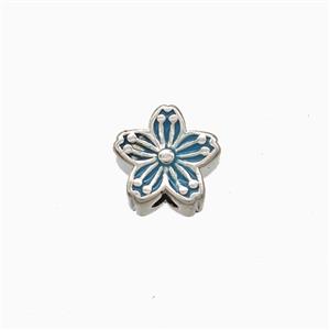 Copper Flower Beads Blue Enamel Platinum Plated, approx 8mm [FD22518]