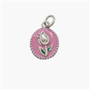 Copper Tulip Pendant Pink Enamel Flower Platinum Plated, approx 8-9mm [FD22672]