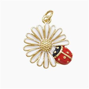 Copper Sunflower Pendant White Enamel Ladybug Gold Plated, approx 16mm [FD22691]