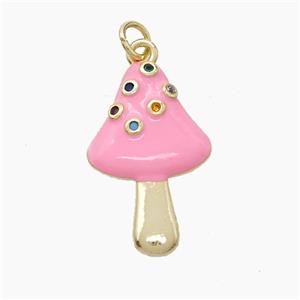 Copper Mushroom Pendant Pave Zirconia Pink Enamel Gold Plated, approx 15-24mm [FD22729]