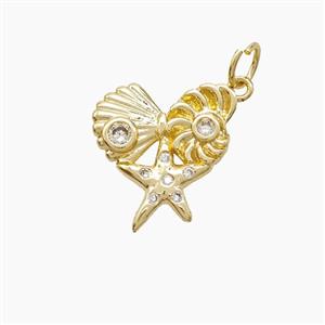 Copper Starfish Scallop Shell Pendant Pave Zirconia Gold Plated, approx 15mm [FD22737]