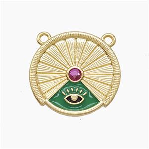 Copper Compass Disc Pendant Pave Zirconia Evil Eye Green Enamel 2loops Gold Plated, approx 20-21mm [FD22984]