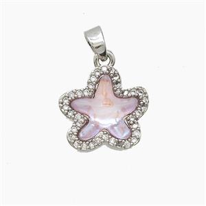 Copper Starfish Pendant Pave Zirconia Pink Acrylic Platinum Plated, approx 13-14mm [FD23045]
