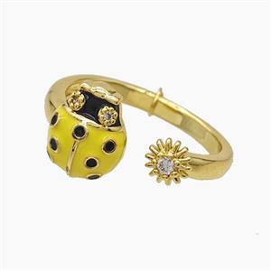 Copper Ladybug Rings Pave Zirconia Yellow Enamel Gold Plated, approx 5mm, 9-11mm, 18mm dia [FD23084]