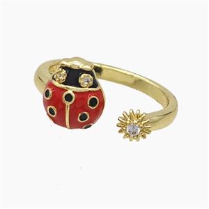 Copper Ladybug Rings Pave Zirconia Red Enamel Gold Plated, approx 5mm, 9-11mm, 18mm dia [FD23085]