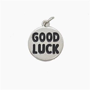 Copper GOODLUCK Pendant Black Enamel Platinum Plated, approx 13.5mm [FD23156]