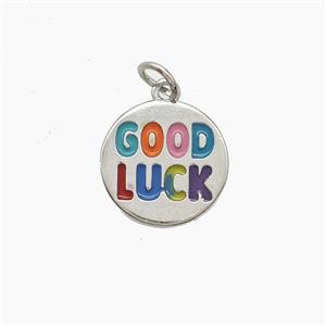 Copper GOODLUCK Pendant Multicolor Enamel Platinum Plated, approx 13.5mm [FD23158]