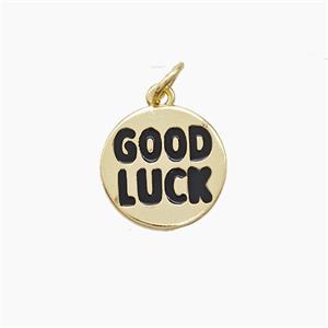 Copper GOODLUCK Pendant Black Enamel Gold Plated, approx 13.5mm [FD23159]