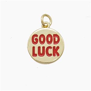 Copper GOODLUCK Pendant Red Enamel Gold Plated, approx 13.5mm [FD23160]
