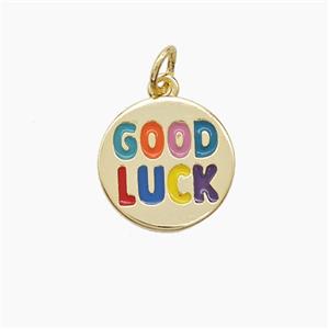 Copper GOODLUCK Pendant Multicolor Enamel Gold Plated, approx 13.5mm [FD23161]