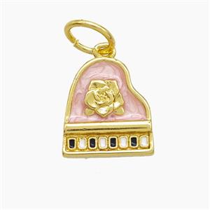 Piano Charms Copper Pendant Pink Painted Flower Musical Gold Plated, approx 13.5-15mm [FD23194]
