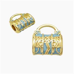 Copper Handbag Beads Blue Painted Large Hole Gold Plated, approx 15-16mm, 4mm hole [FD23203]