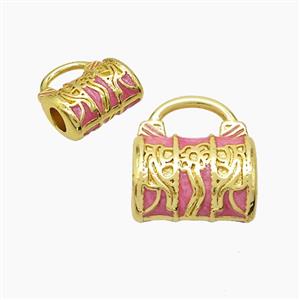 Copper Handbag Beads Pink Painted Large Hole Gold Plated, approx 15-16mm, 4mm hole [FD23204]