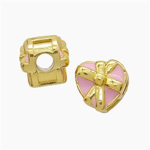 Copper Heart Beads Pink Enamel Large Hole Gold Plated, approx 13mm, 4mm hole [FD23205]