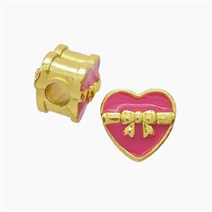 Copper Heart Beads Pink Enamel Large Hole Gold Plated, approx 13mm, 4mm hole [FD23208]