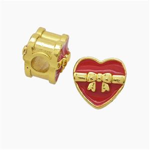 Copper Heart Beads Red Enamel Large Hole Gold Plated, approx 13mm, 4mm hole [FD23209]