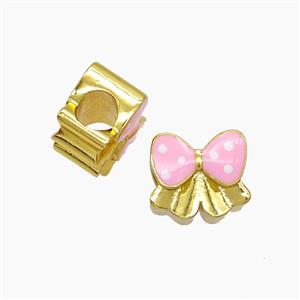 Copper Bowknot Beads Pink Enamel Large Hole Gold Plated, approx 10-11mm, 4mm hole [FD23210]