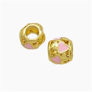 Copper Barrel Beads Pink Enamel Heart Large Hole Gold Plated, approx 8-9mm, 4mm hole [FD23219]