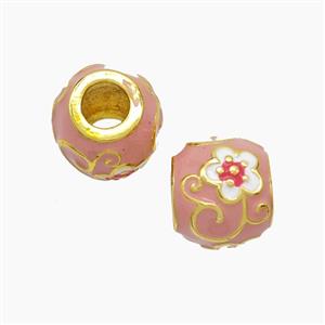 Copper Barrel Beads Pink Enamel Flower Large Hole Gold Plated, approx 10-11mm, 5mm hole [FD23220]