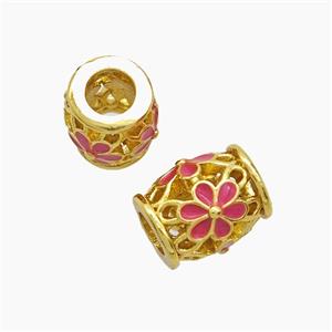 Copper Barrel Beads Red Enamel Flower Large Hole Gold Plated, approx 9-11.5mm, 5mm hole [FD23222]
