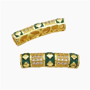 Copper Tube Beads Pave Zirconia Green Enamel Curving Large Hole Gold Plated, approx 8-30mm, 5mm hole [FD23230]