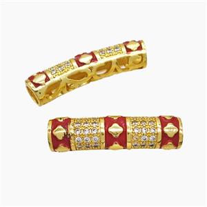 Copper Tube Beads Pave Zirconia Red Enamel Curving Large Hole Gold Plated, approx 8-30mm, 5mm hole [FD23231]