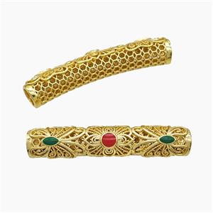 Copper Tube Beads Pave Jade Curving Large Hole Gold Plated, approx 7-38mm, 5mm hole [FD23234]