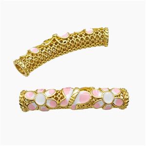 Copper Tube Beads Pink Enamel Flower Curving Large Hole Gold Plated, approx 7-38mm, 5mm hole [FD23235]