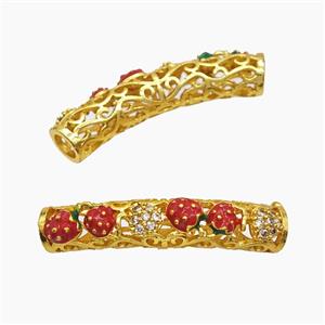 Copper Tube Beads Pave Zirconia Red Enamel Strawberry Curving Large Hole Gold Plated, approx 7-38mm, 5mm hole [FD23241]