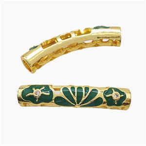 Copper Tube Beads Green Enamel Flower Curving Large Hole Gold Plated, approx 7-38mm, 5mm hole [FD23242]