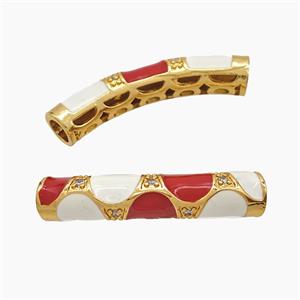Copper Tube Beads Pave Zirconia White Red Enamel Curving Large Hole Gold Plated, approx 7-38mm, 5mm hole [FD23245]