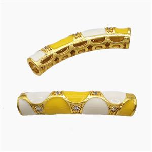 Copper Tube Beads Pave Zirconia White Yellow Enamel Curving Large Hole Gold Plated, approx 7-38mm, 5mm hole [FD23246]