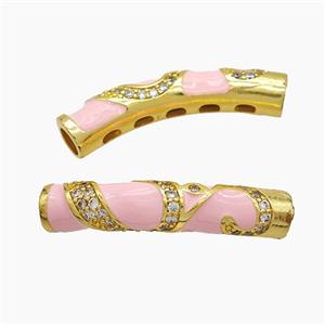 Copper Tube Beads Pave Zirconia Pink Enamel Large Hole Curving Gold Plated, approx 7-38mm, 5mm hole [FD23247]